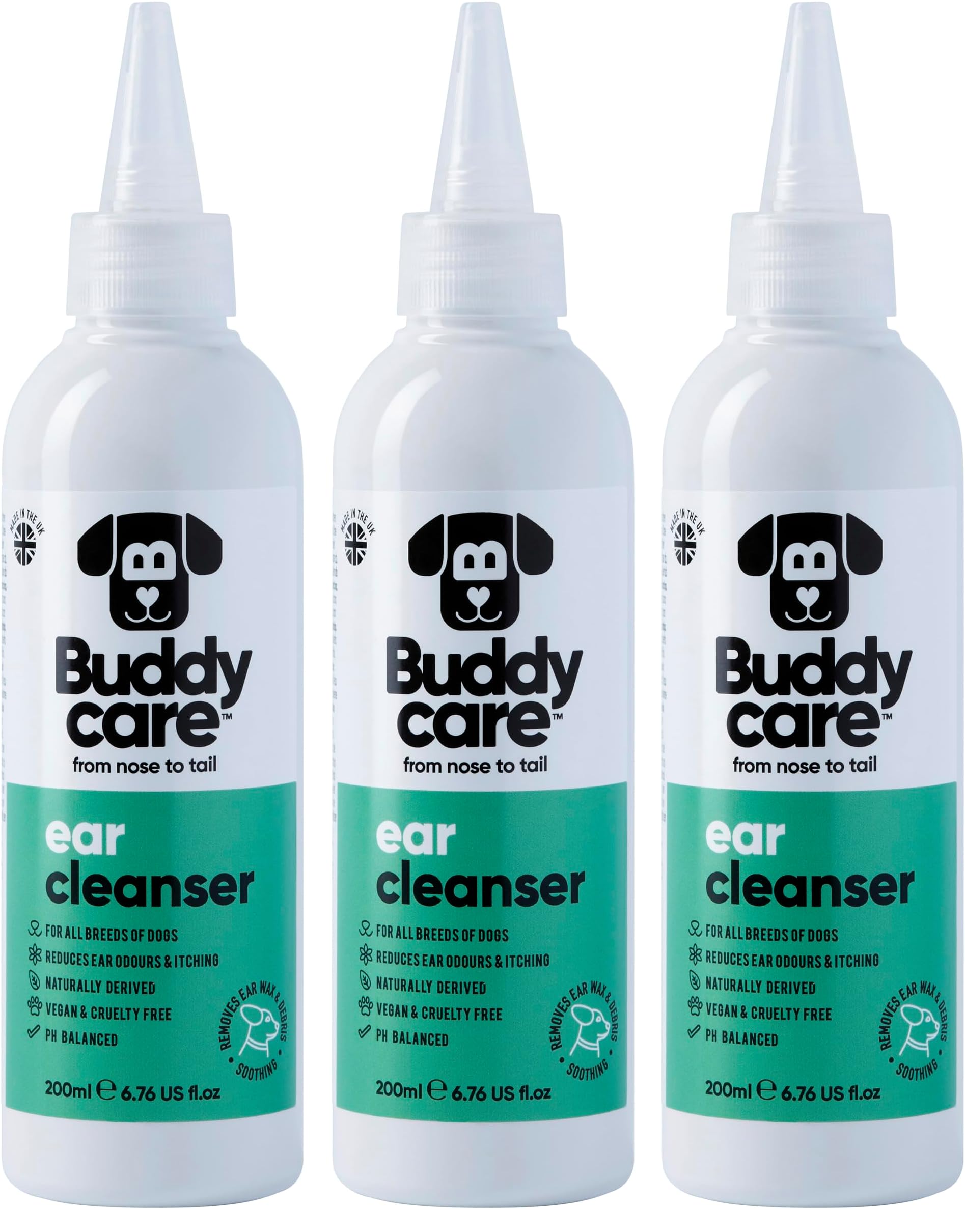 Dog Ear Cleanser by Buddycare | Soothing Ear Cleaning Solution for Dogs with Easy-To-Use Applicator | Naturally Derived Ingredients With Aloe (200ml x3) Remove Dirt & Moisture from your Dog's Ears