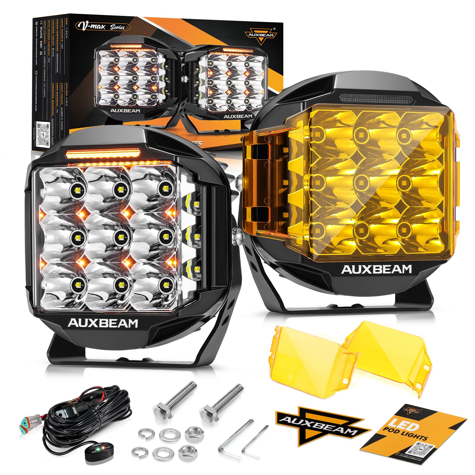 Auxbeam 7 Inch LED Pod Lights, 228W Super Bright Driving Side Shooter Lights with Amber DRL & Backlight, 270° V-MAX Series Cube Spot Flood Combo Work Spotlights Pod with Cover for Trucks SUV UTV ATV