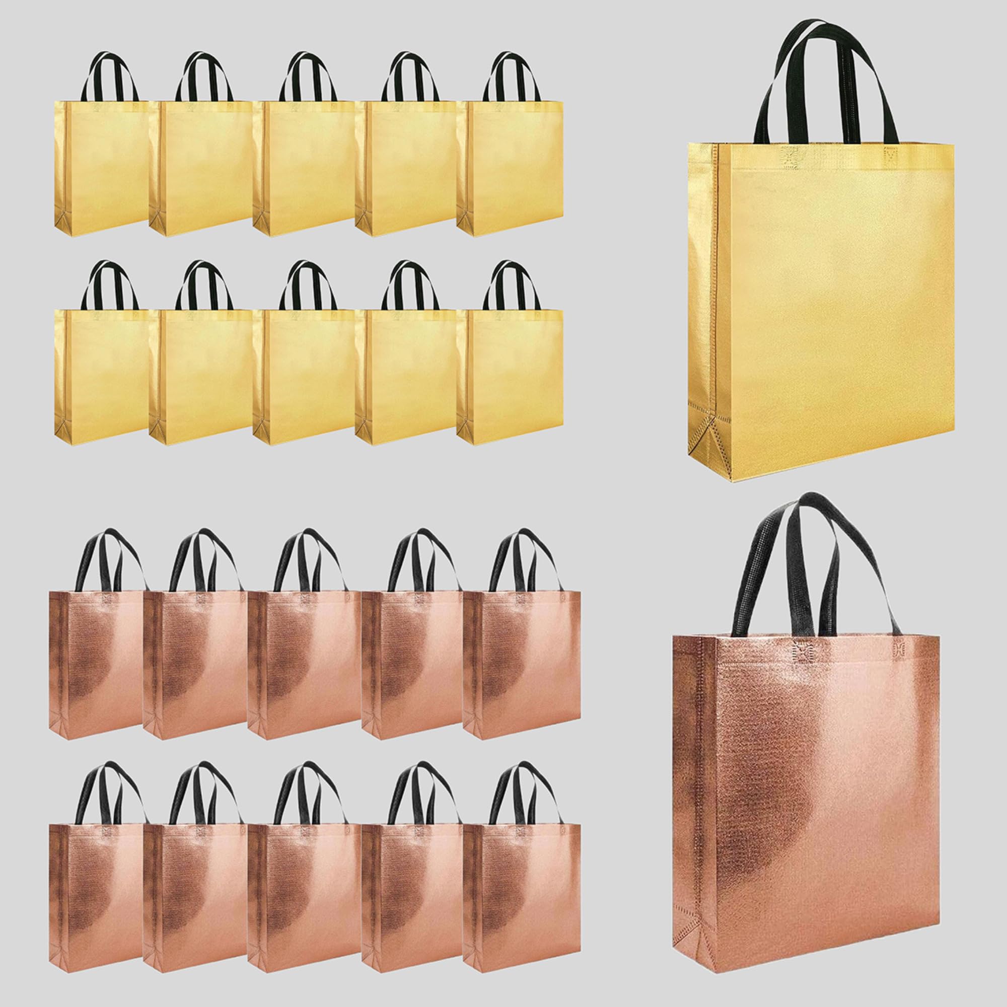 Evafly Gift Bag Medium Size Pack of 20 : L13 x W12 x D4 inch|Resuable Non-Woven Shiny Metallic Laminated|Return Gift For Haldi/Wedding Favours/Baby Shower/Birthday|2 colors|Golden + Copper