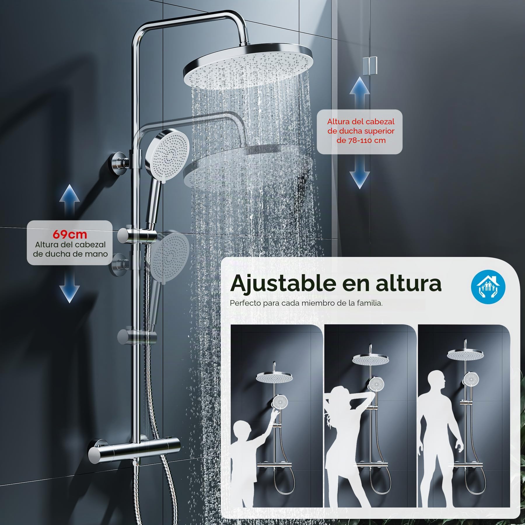 HOROW Columna de ducha termostática con altura regulable- Lluvia de Techo 30 cm + Mano 13 cm con 5 Modos, Ajustable en Altura, Acabado Cromado