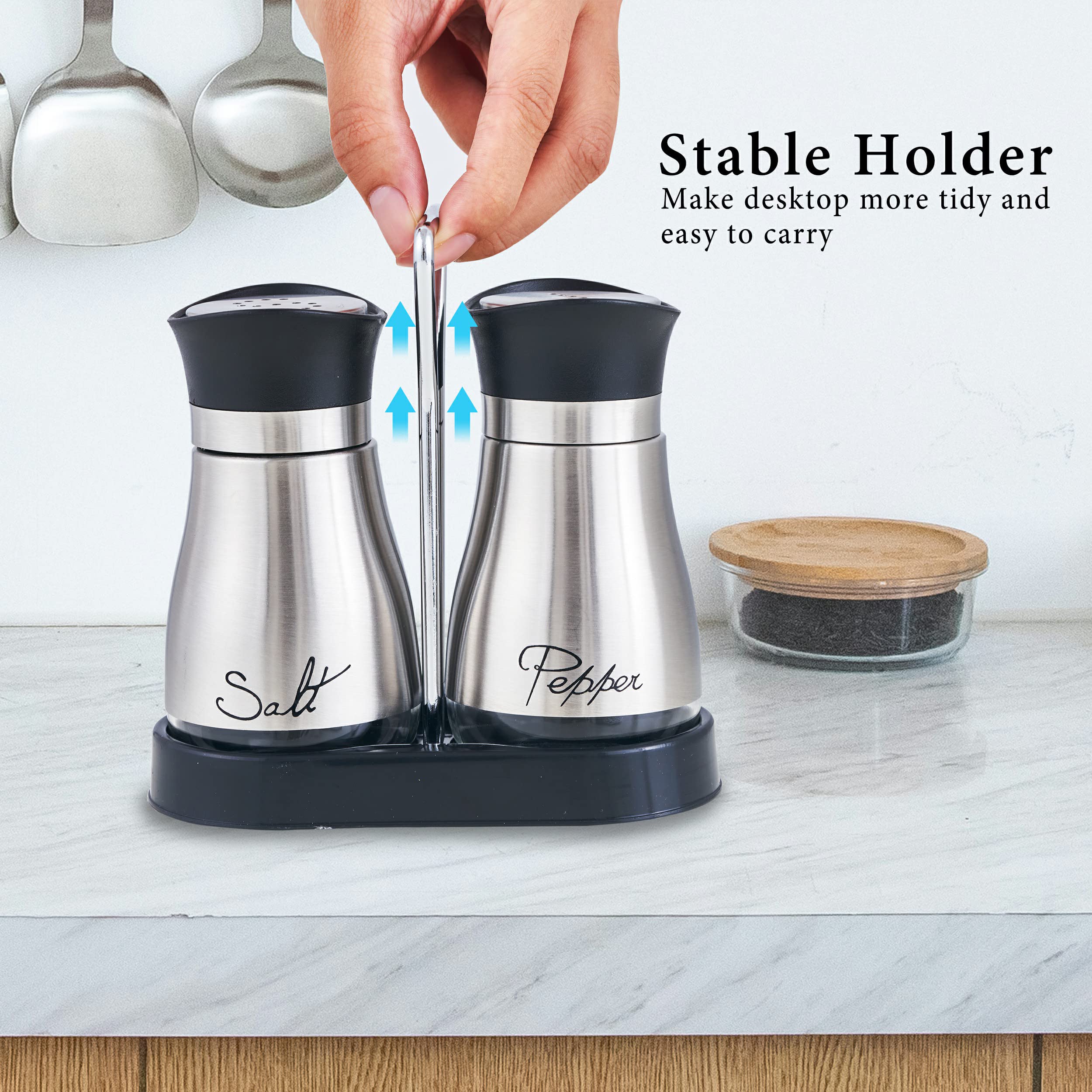 Salz- und Pfefferstreuer-Set, Edelstahl mit Glasflasche für Tisch, Wohnmobil, Camp, BBQ, 2er-Set, silberfarben