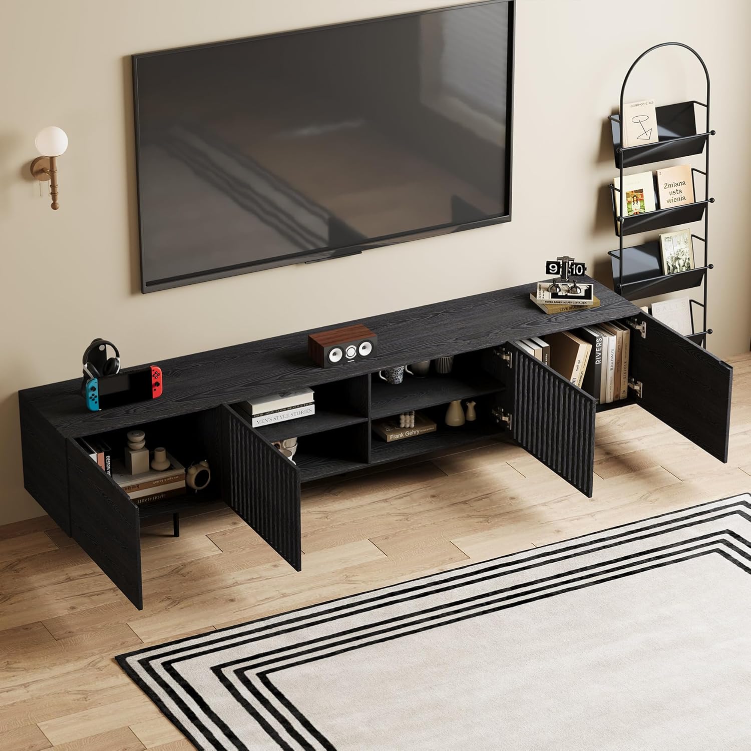 Mid Century Modern Black TV Stand for 80 Inch and Larger TVs, 94.48" Media Console with Solid Wood Slatted Doors, Metal Base, Stylish Entertainment Center for Living Room or Bedroom