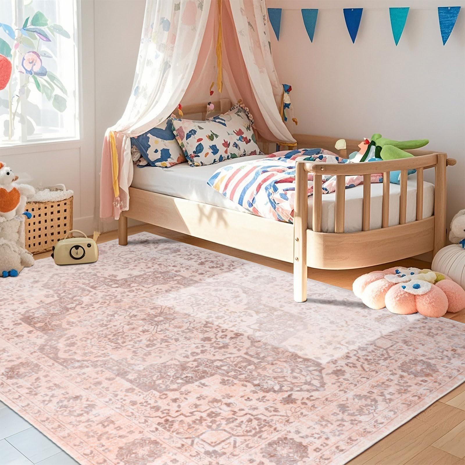 Vintage Teppich Wohnzimmer 160x230cm, Waschbarer Teppich Schlafzimmer, Boho Kurzflor Esszimmer Teppiche, Weich rutschfest Teppiche für Küche Kinderzimmer, Rosa Orange