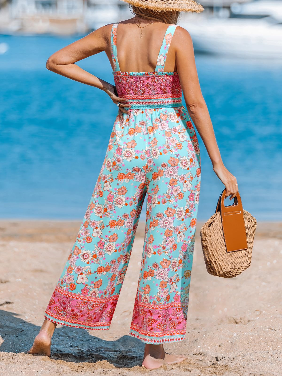 CUPSHE Damen Boho Jumpsuit Blumenmuster Gesmokt Weites Bein Träger Overall