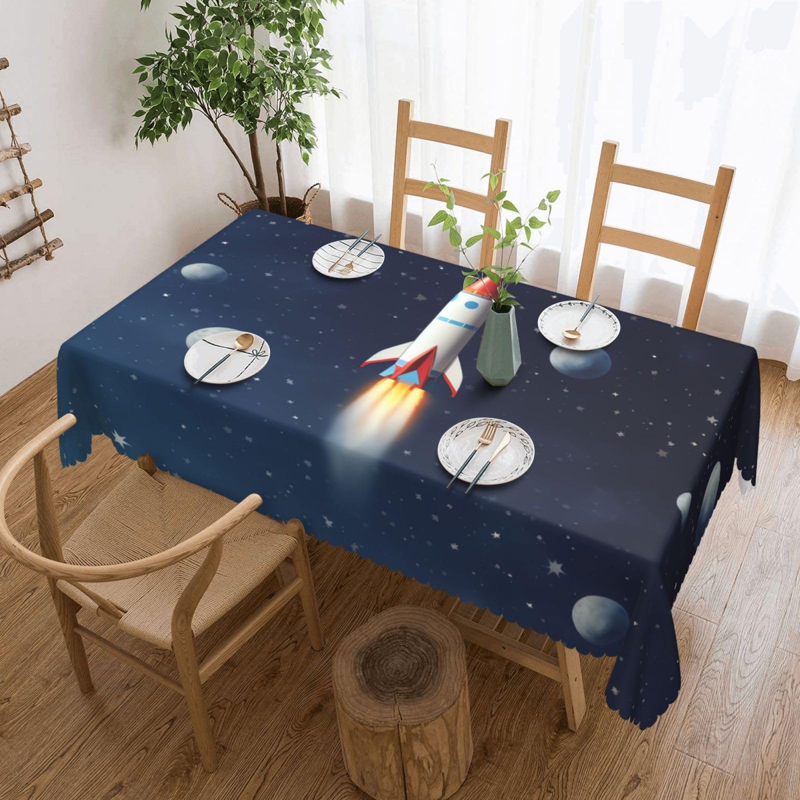 Fodpand Black Rocket In Space Tablecloths For Rectangle Tables 72 X 54 Inches - Reusable And Washable Table Clothes Decorative Table Cover For Dining Tables, Buffet Parties, Wrinkle Resistant