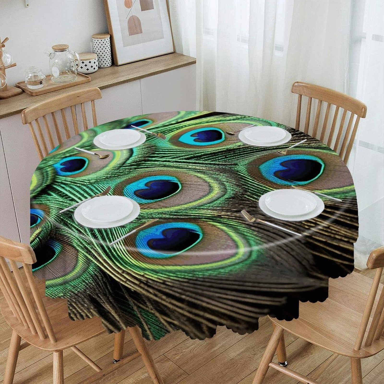 LZQPOEAS Green Peacock Feather Round Tablecloth Rustic Circle Table Cloth Wrinkle Resistant Decor Tablecloth Waterproof Washable Table Cover for Kitchen Party Dining Table 60 Inch