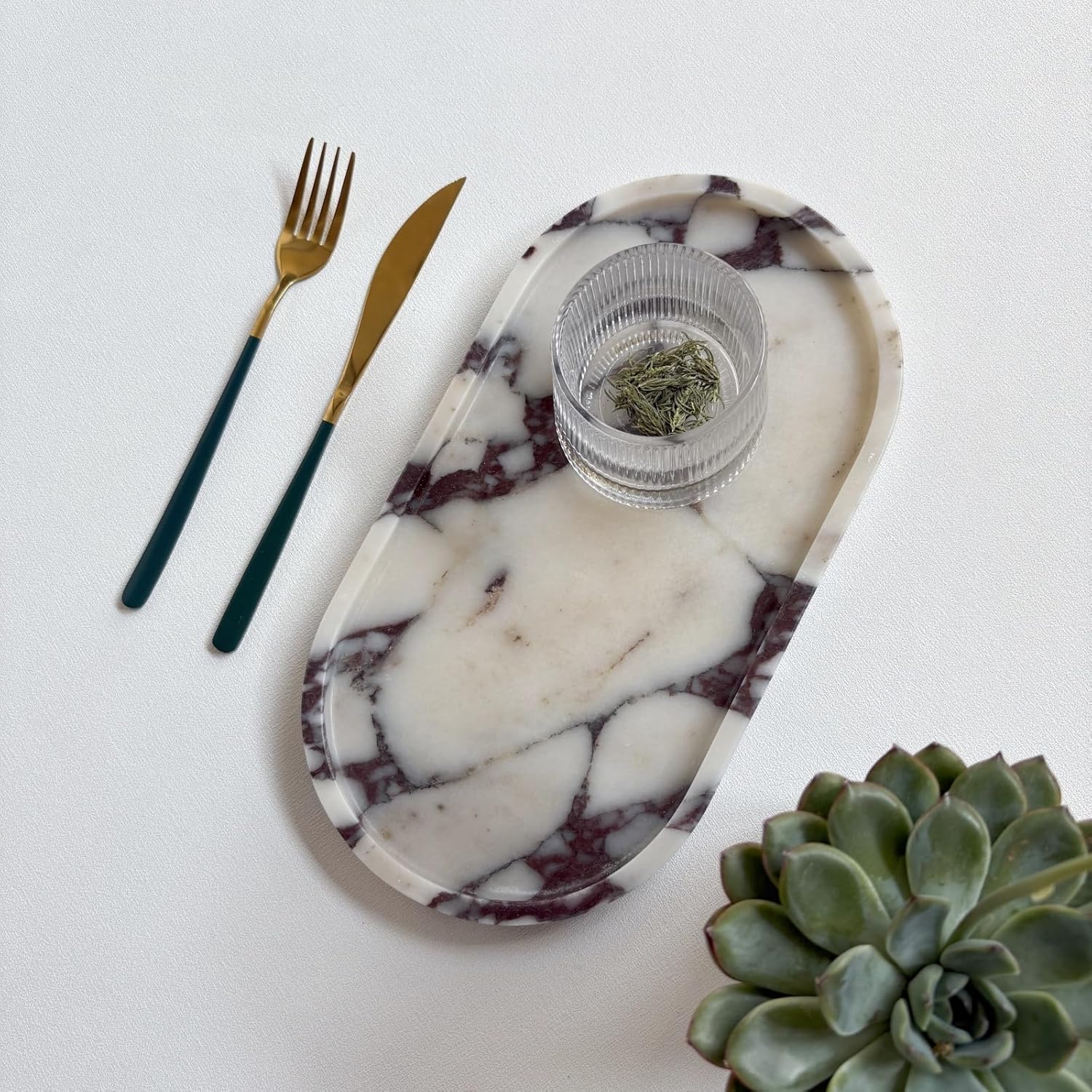 Natural Marble Stone 11.8 inches Oval Catchall Tray Classics Sundries Storage Jewelry Plates (Calacatta Purple)