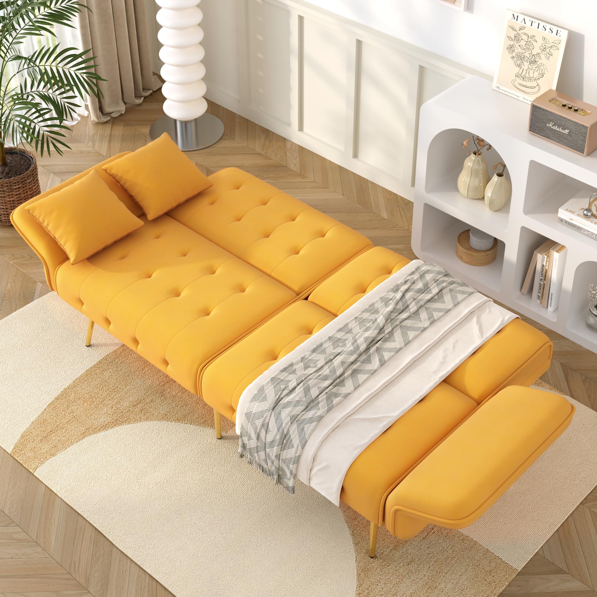 Lubvtti Sofá cama de 2 plazas multifuncional con respaldo ajustable y reposabrazos multiposición, sofá cama plegable para el salón, sofá de 2 plazas, terciopelo (A-Amarillo)