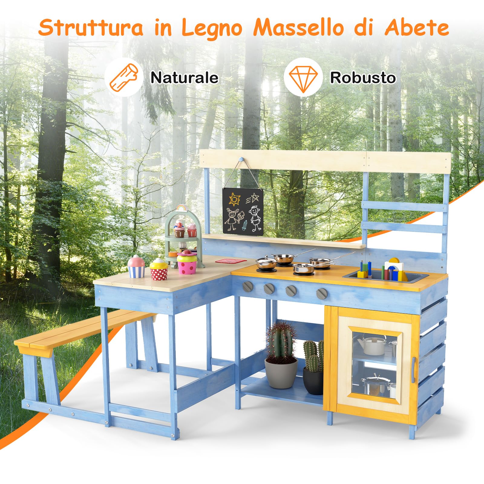 COSTWAY Cucina Giocattolo per Giardino con Tavolo e Panchina da Picnic, Cucina per Bambini in Legno di Abete con Fornelli, Lavandino, Lavagna e Forno, con 17 Accessori, 150 x 71 x 98 cm (Blu)