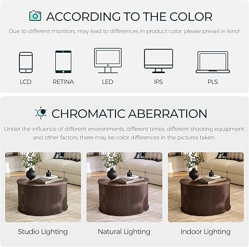 Miniatura 32 de LINSY HOME Mesa auxiliar redonda, mesa de centro de tambor de 31.5 pulgadas con puerta corrediza de tambor, mesa central acanalada con Roble,Oval