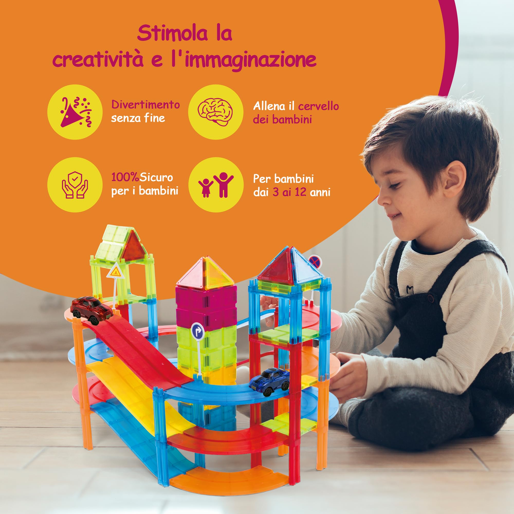 Olvy Blocchi magnetici Montessori Giocattoli – 126 Piastrelle magnetiche per bambini – Giocattolo da costruzione magnetico a partire dai 3 anni – Smart Playground mattoncini magnetici per bambini