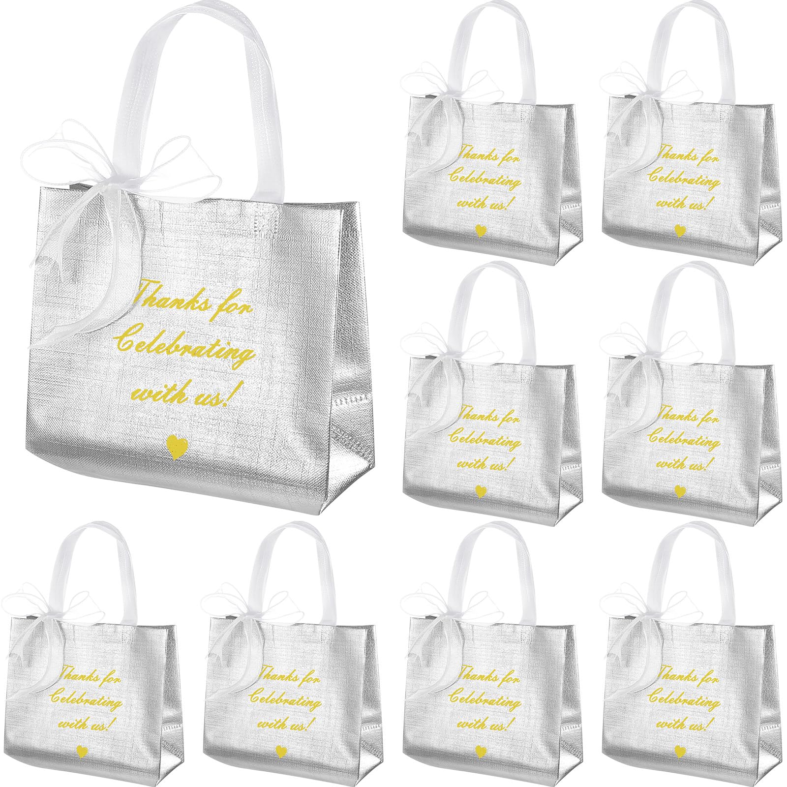 50 Pcs Thanks for Celebrating with Us Gift Bags Set Reusable Non Woven Small Party Favor Bags Glossy Tote Birthday Goodie Bags with 8 Roll Bow Ribbon for Wedding Baby Shower Birthday (White)