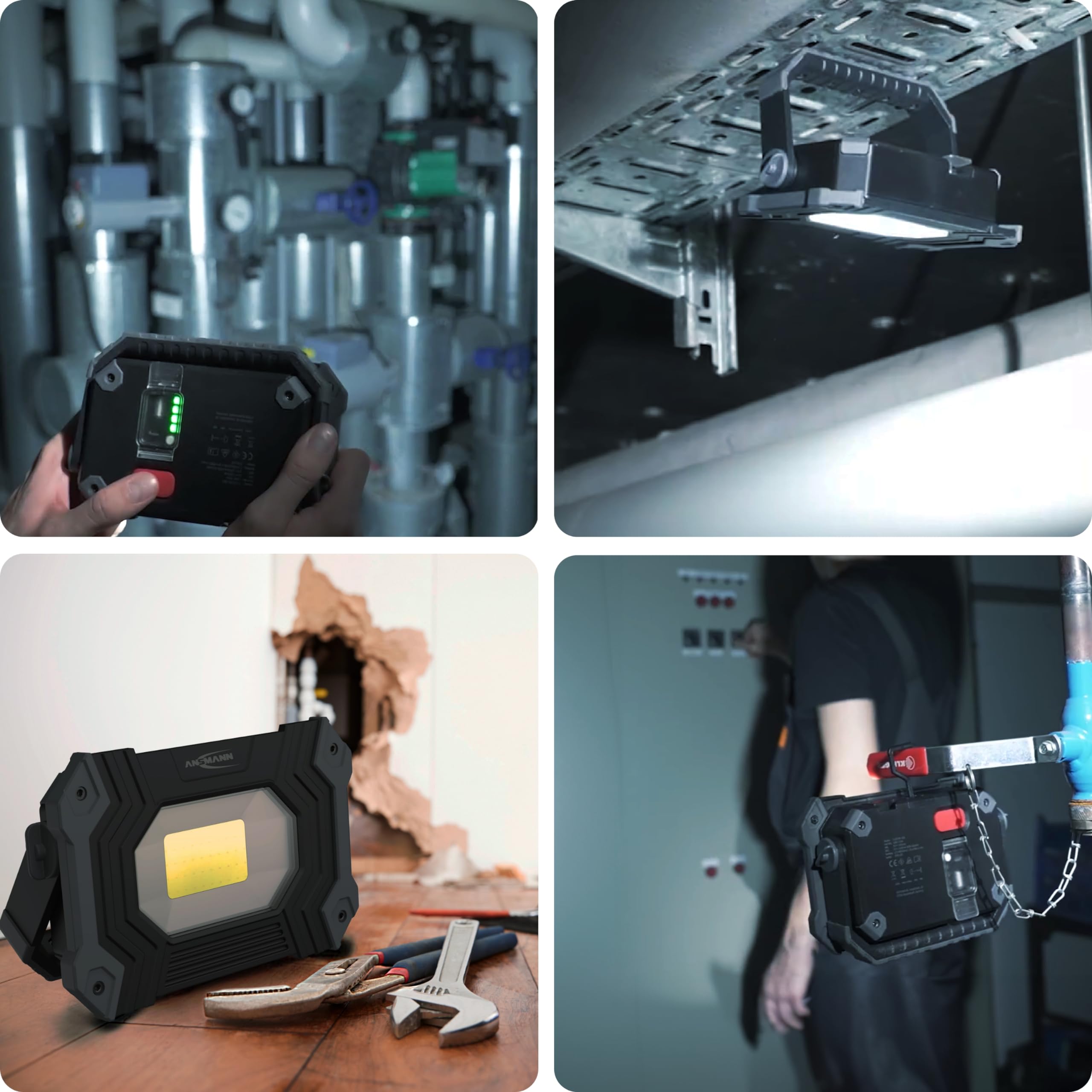 ANSMANN Wiederaufladbarer Arbeitsstrahler mit 30W COB-LED, 6600 mAh für den professionellen Einsatz in Werkstatt, Handwerk, Baustelle, Inspektion, etc. Extrem robust und lichtstark, 1 Stück
