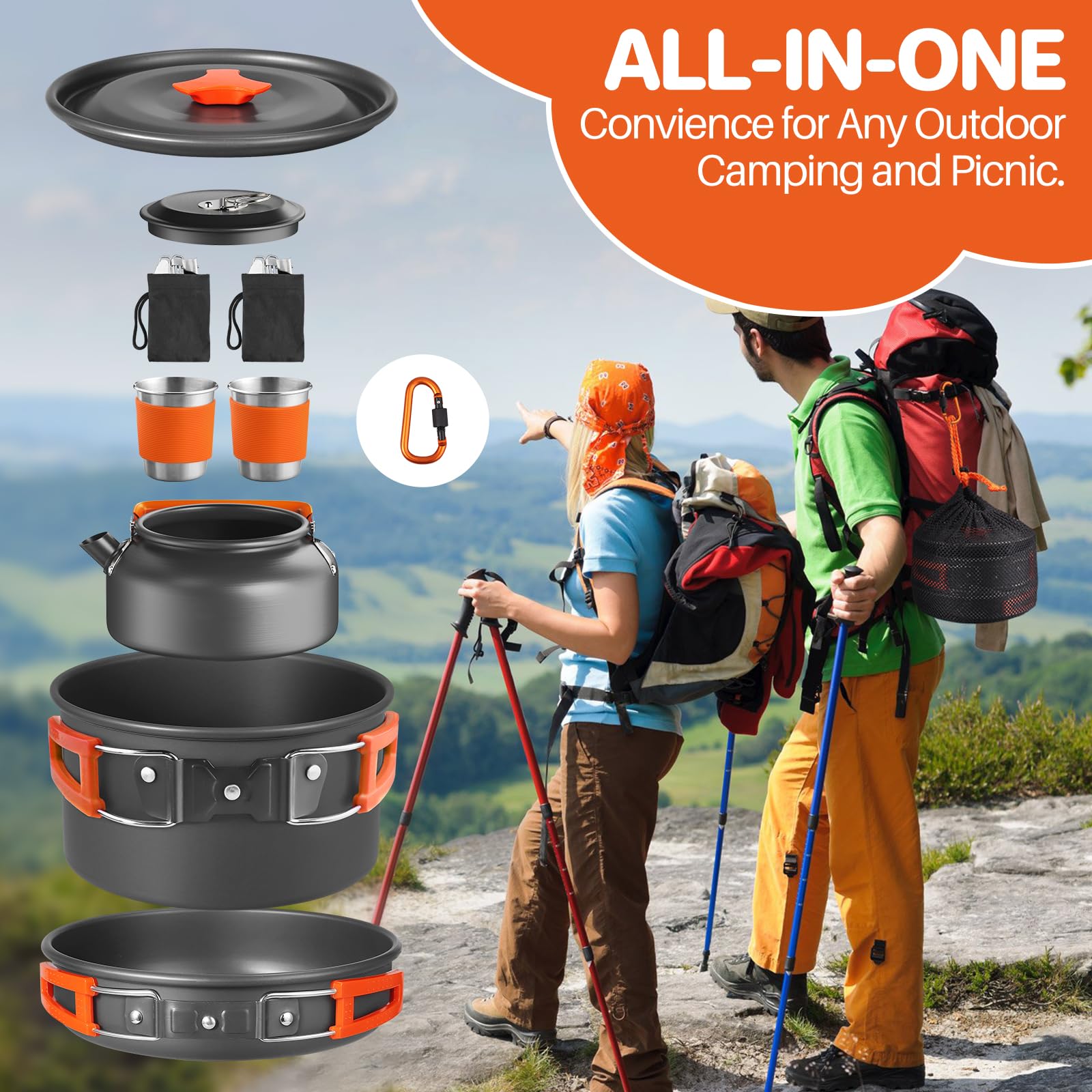 FUNYKICH 17PCS Utensilios Cocina Camping, Antiadherente Ligero Camping Ollas y Sartenes con Hervidor de Agua, Tazas de Acero Inoxidable, Tenedores Plegables Cuchillos Cucharas para Acampar