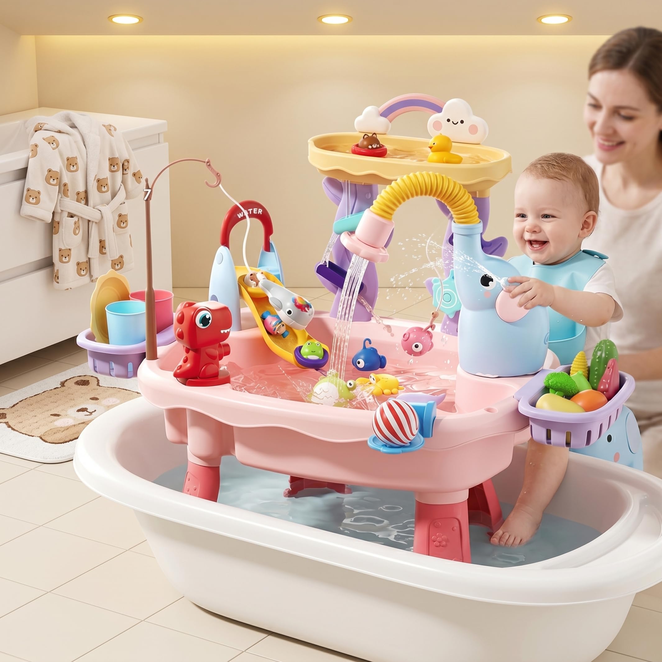 Table à Eau pour Enfants, Table de Jeu d'eau pour Les Tout-Petits, Jouets de Sable Double Couche 6 en 1 avec système recirculation, Jeux Toboggan et pêche, Jouet sensoriel pour enf