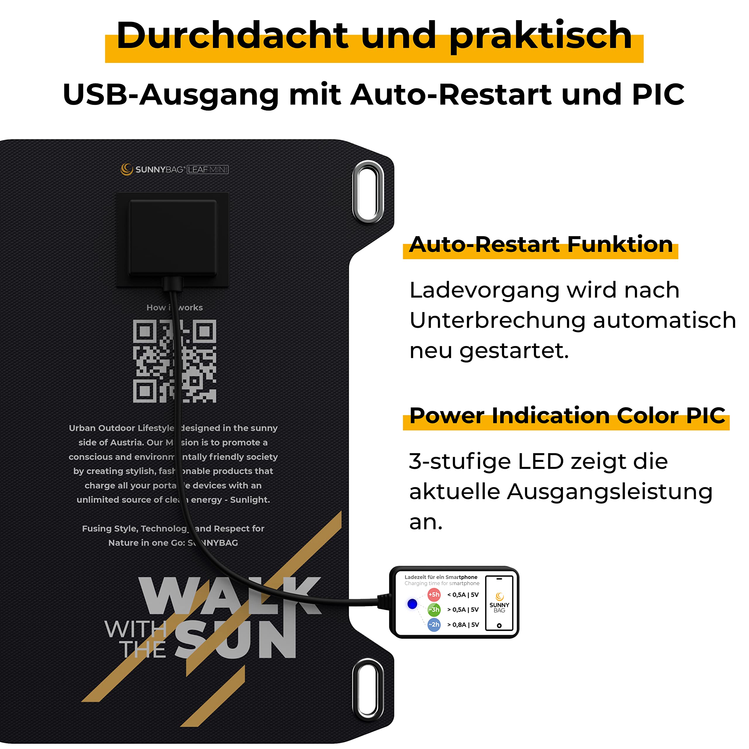Sunnybag Leaf mini | 5 Watt Tragbares Solarpanel | Wasserfest, Ultraleicht 158g | Solarladegerät USB-Anschluss für Smartphone | Für Wandern, Camping