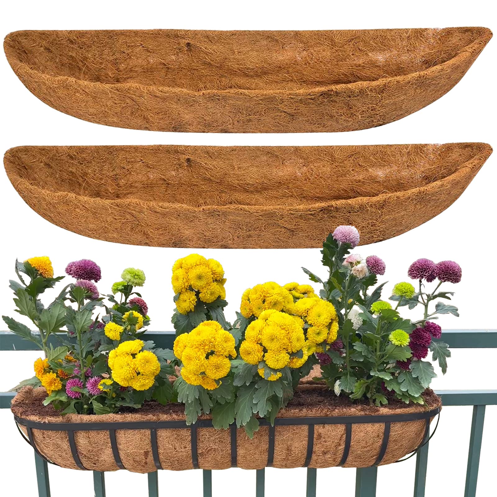 YUNSTK 2 Pcs Coco Liner Trough, 48 Inch Wall Mounted Planter Liner, Natural Coconut Fiber Hanging Basket Liners, Coco Fiber Replacement Liner for Window Box Planter, Wall Basket