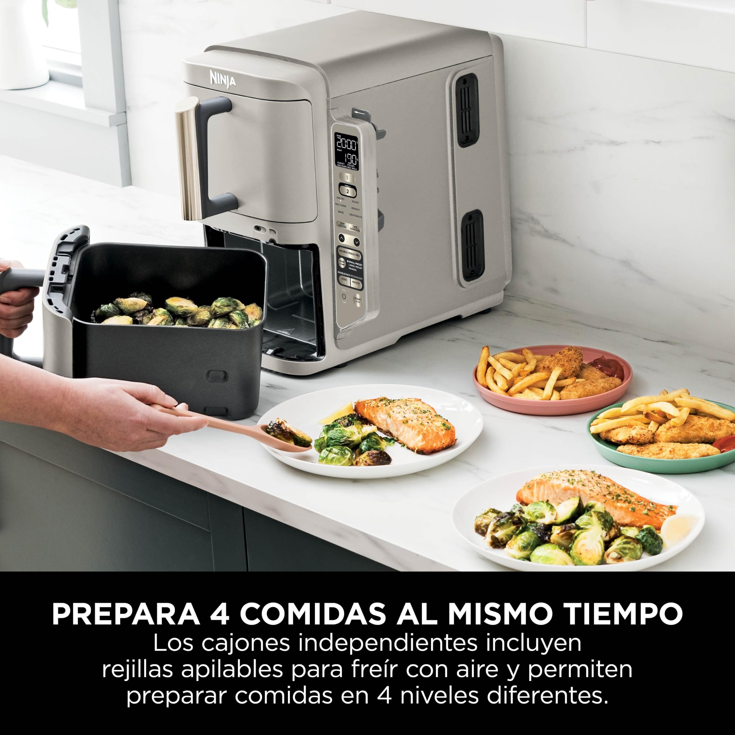 Ninja Double Stack XL, Freidora de Aire, 9,5L, Piedra Dorada, SL451EUSD | Freidora de Aire Vertical de Doble Cajón, 4 Niveles de Cocción, 2 Rejillas, con Sensor Digital de Cocción