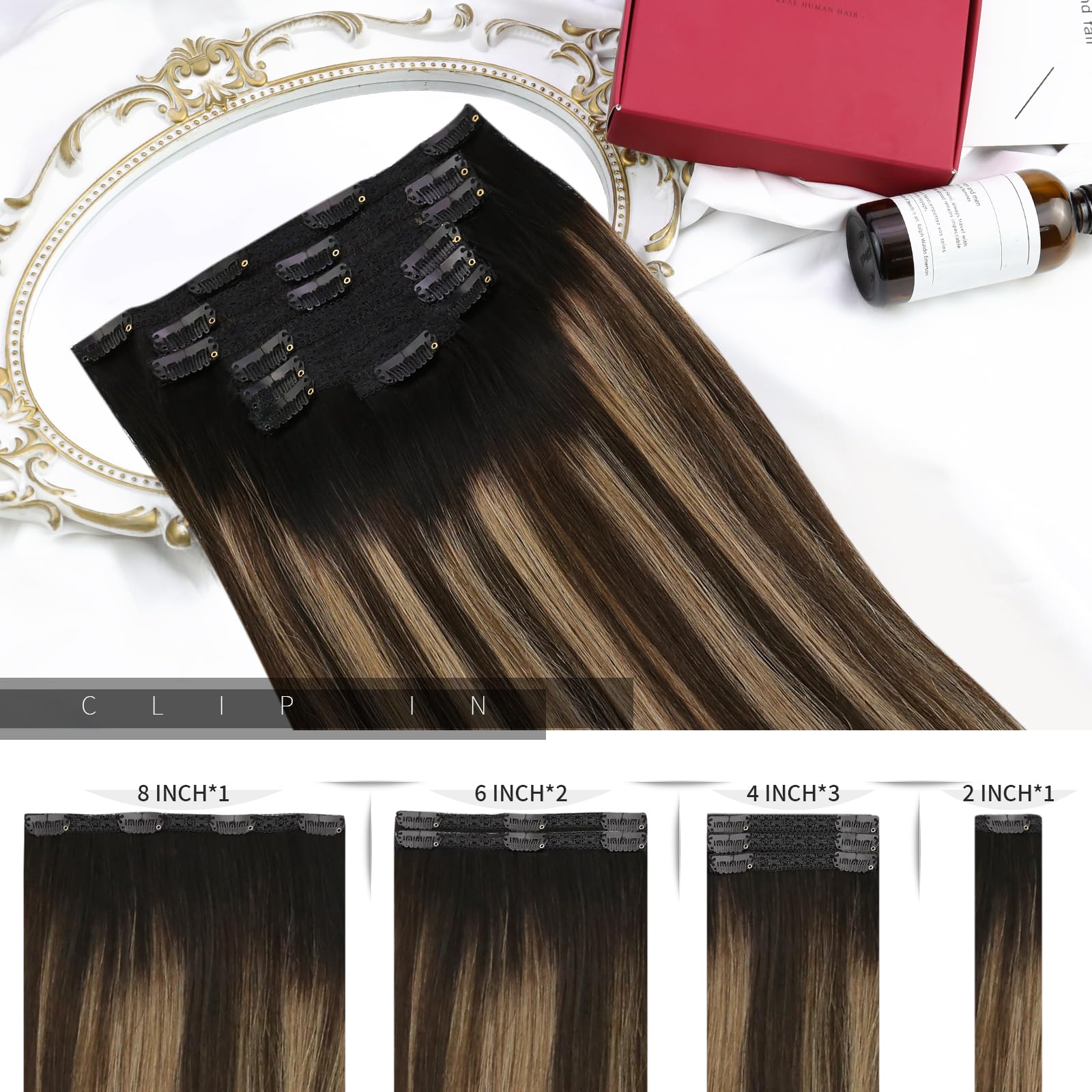 Moresoo Clip in Hair Extensions Real Human Hair Off Black Root Remy Hair Extensions Clip in Balayage Black to Dark Brown with Golden Blonde 22inch 7pcs/120G #1B/4/14 - Image 3