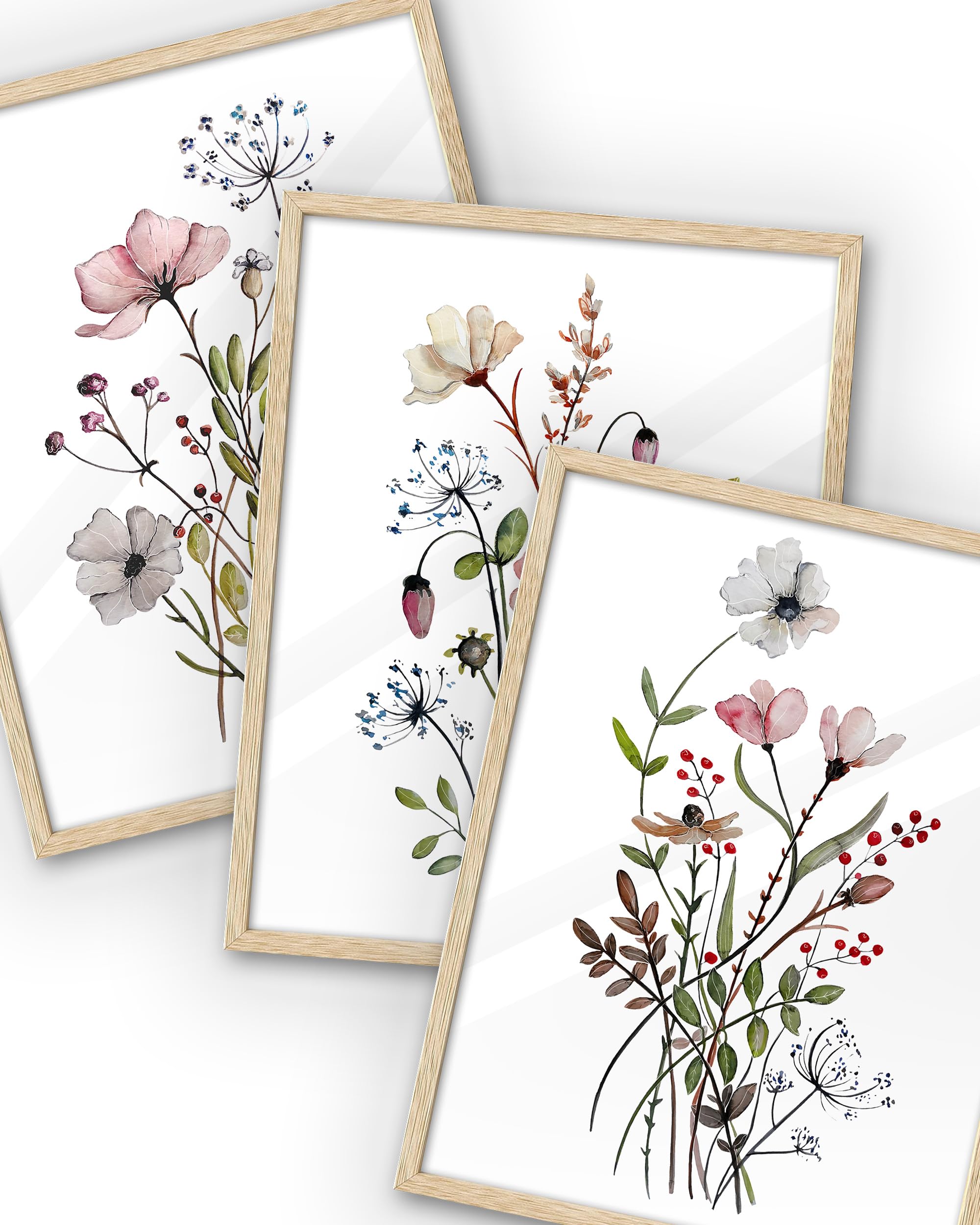 3-teiliger Leinwanddruck Mit Wildblumen – Aquarell-Blumenbilder In Eichenholzrahmen