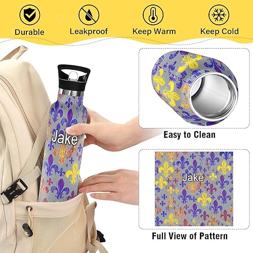 Miniatura 4 de Botella de agua personalizada para niños con pajilla, botella personalizada de 20 onzas para niños y niñas, sin BPA, Mardi Gras lirio francés