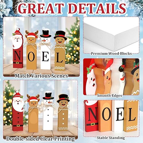 Miniatura 4 de Decoraciones navideñas de Noel, letrero de madera con bloques de Noel, letrero de mesa de Papá Noel, reno, muñeco de nieve, bandeja escalonada para