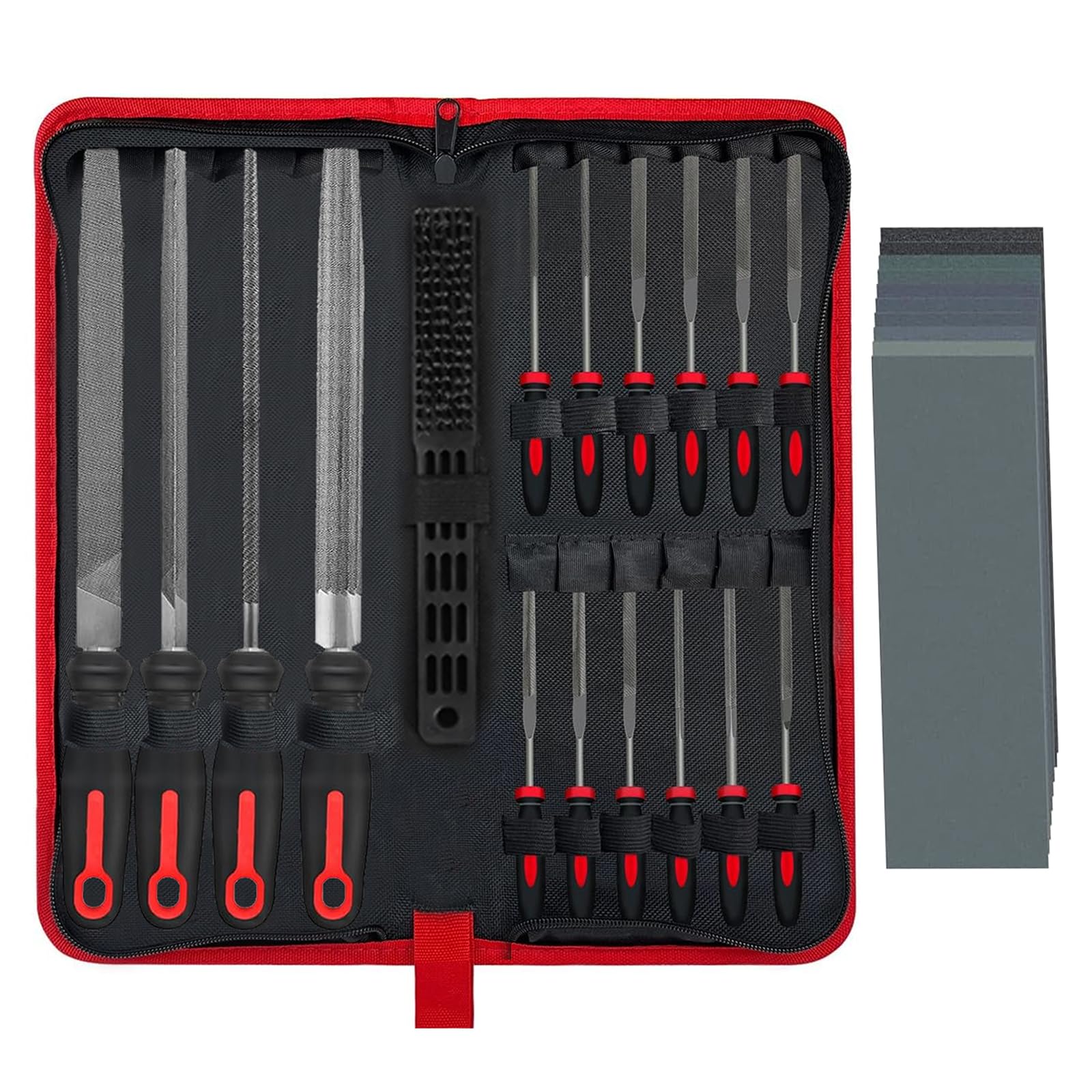 Greywolf Black And Red 35 Piece File Set, Metal Files, Premium T12 Carbon Steel Flat, Half-Round, Round, And Triangular Tips, Plus 14 Fine Sanding Tools And 16 Sheets Of Sandpaper For Metalworking And Woodworking