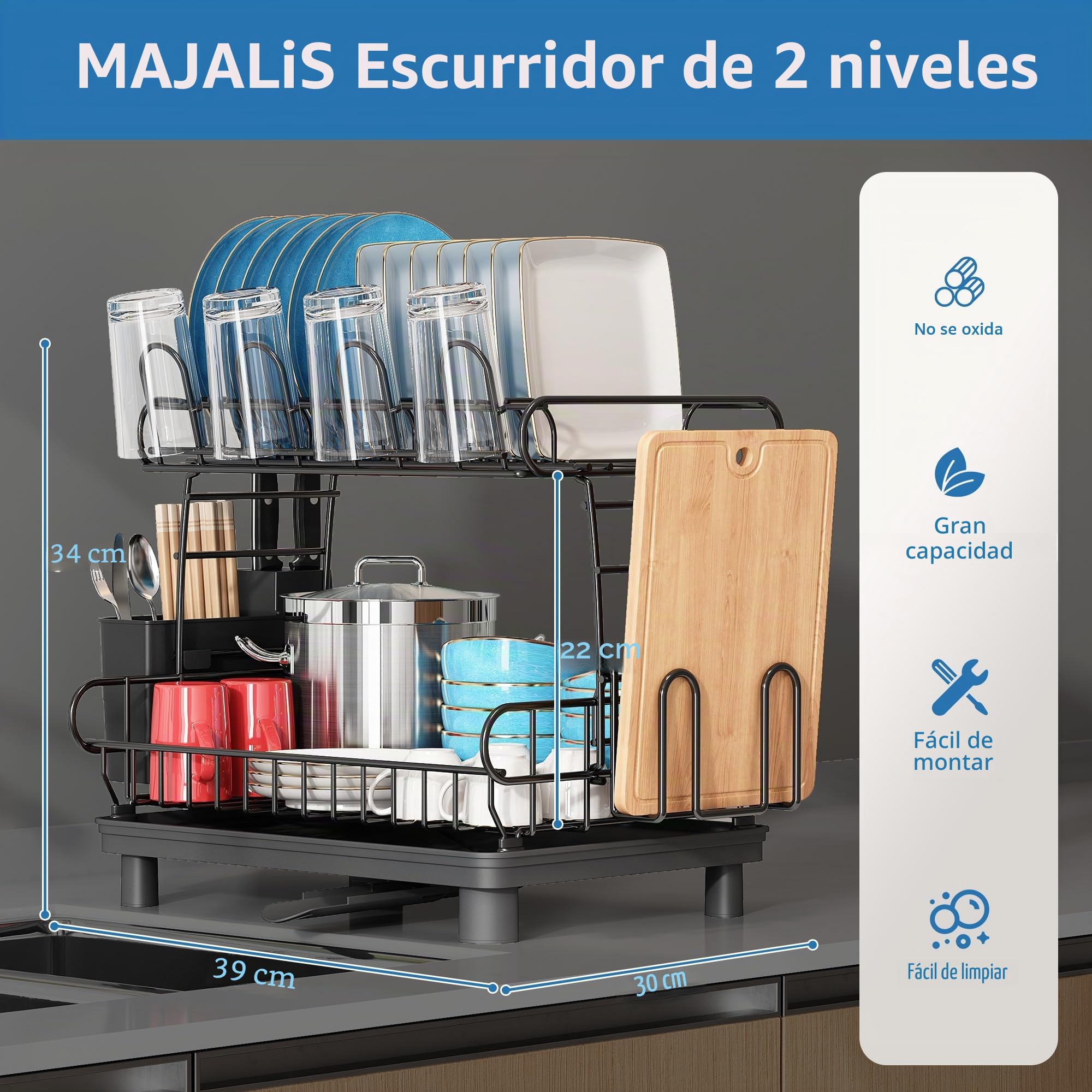 MAJALiS - Escurridor de Trastes Acero Inoxidable 304, Escurridor de Platos Grande de 2 Niveles con Drenaje, Estante de Almacenamiento para Cubiertos de Cocina，Viene con Almohadilla de Secado (Plata)