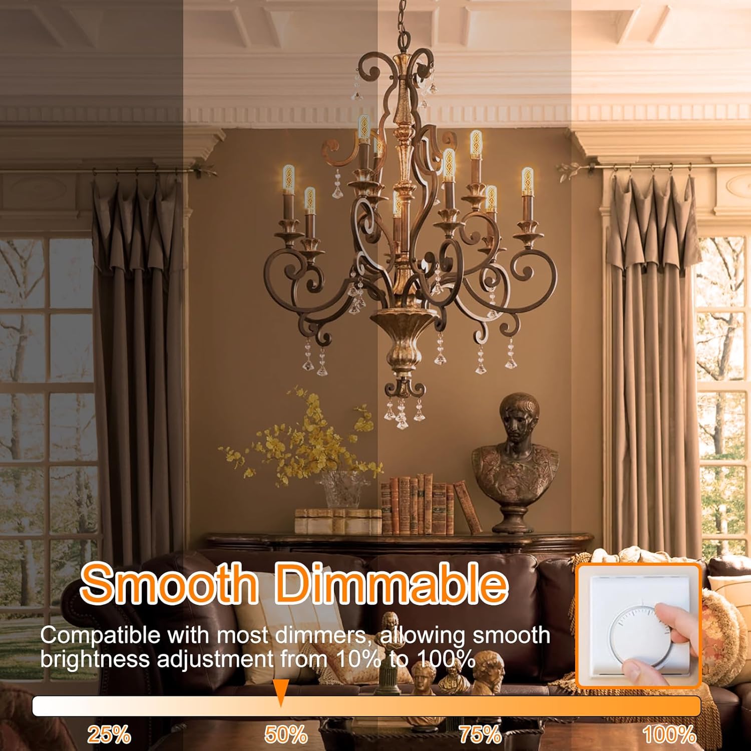 E12 LED Candelabra Bulbs 40 Watt Equivalent, 4W LED Dimmable E12 Edison Bulbs, 2200K Amber Warm Led Light Bulb, T6/T25 Vintage Decorative Light Bulb for Lantern Chandelier, Amber Glass, 12 Pack