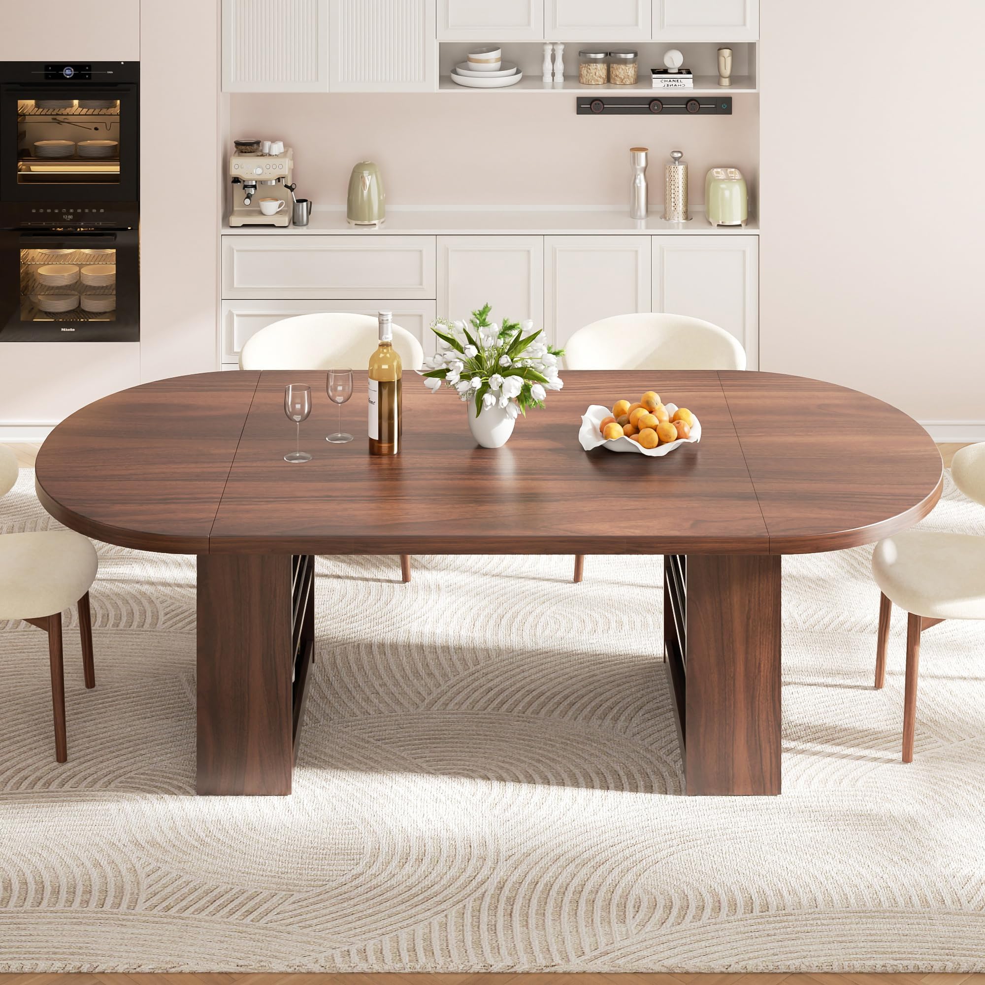 Jocoevol 70.9" Esstisch Oval Ausziehbar für 6-10 Personen, Esszimmer Tisch mit 3-Stufigem Ablagefach, Massiver Küchentisch, Robust bis 180 kg für Küchen und Esszimmer, Walnussholz