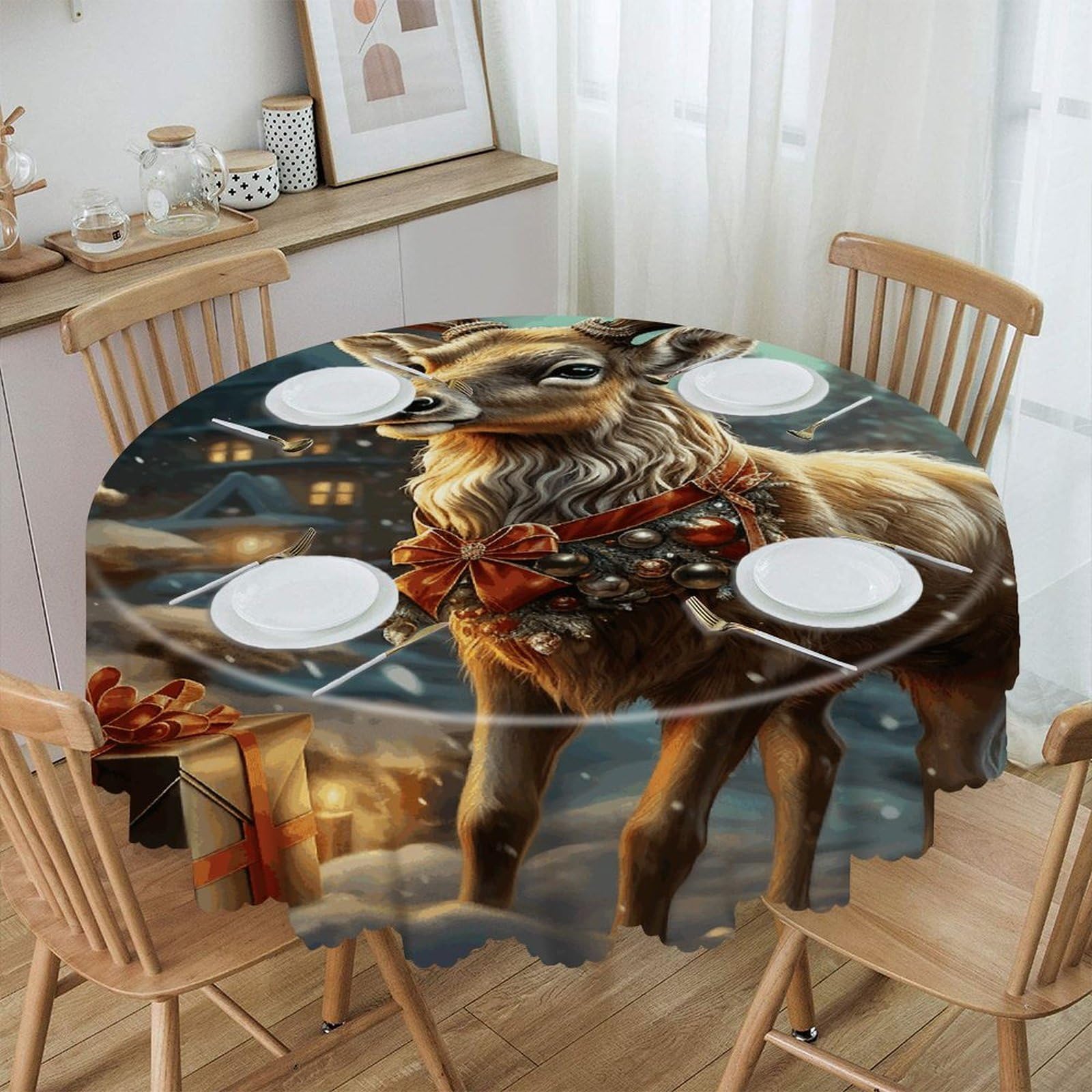 VstaDank 60 Inch Round Reindeer Tablecloth Polyester Waterproof Wrinkle Free Table Cloth Spillproof Washable Table Cover Colorful Tablecover Decor for Home Kitchen Dining Party