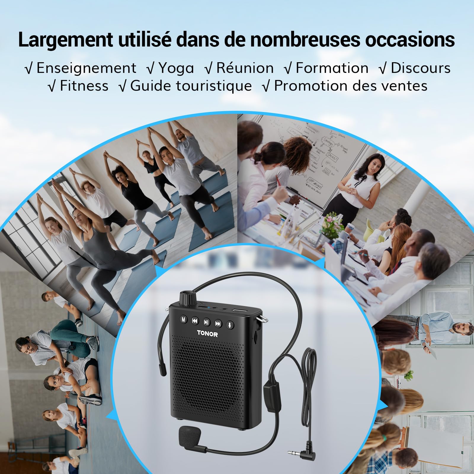 TONOR Amplificateur vocal portable pour enseignants, microphone Bluetooth rechargeable avec casque filaire et ceinture pour salle de classe/formation/yoga/discours/réunion/guides touristiques, 100 cm