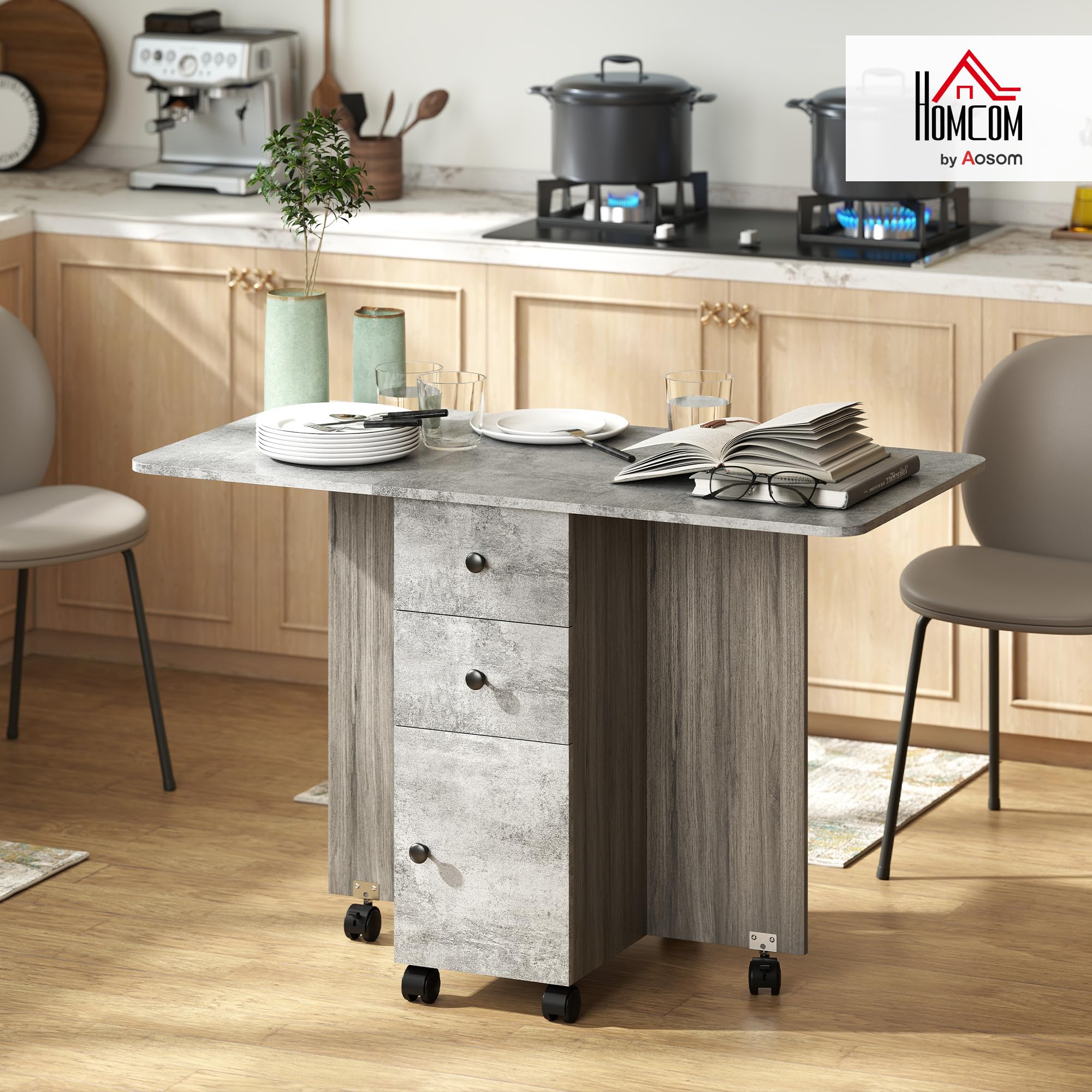 HOMCOM Table de Cuisine Pliable Table à Manger Pliante 2 Plateaux rabattables avec 2 tiroirs 1 Placard et 1 étagère de Rangement 120 x 60 x 76,5 cm - Gris