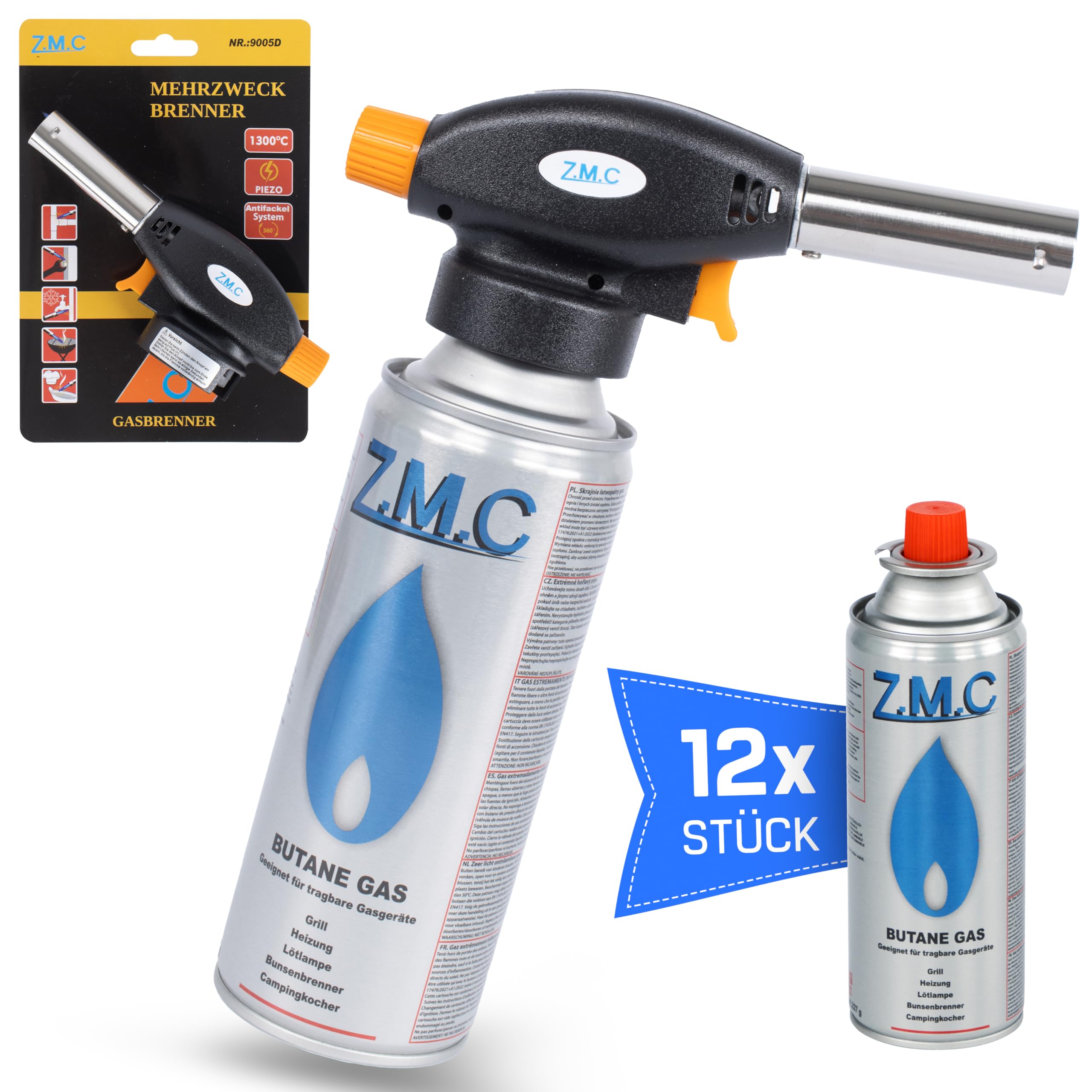 Z.M.C Gasbrander 1,3 kW 8 x gaspatronen 227 g, flambeerbrander tot 1300 °C, bunsenbrander, soldeerbrander met piëzo-ontsteking, keukenbrander met instelbare vlam, temperatuur van 1300 °C