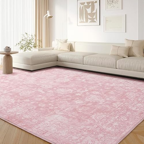 FROZZUR Boho Pink Area Rug 8x10 Large Vintage Rug for Living Room Bedroom Dining Table, Non Slip Distressed Washable Rugs for Home Office Decor Pink