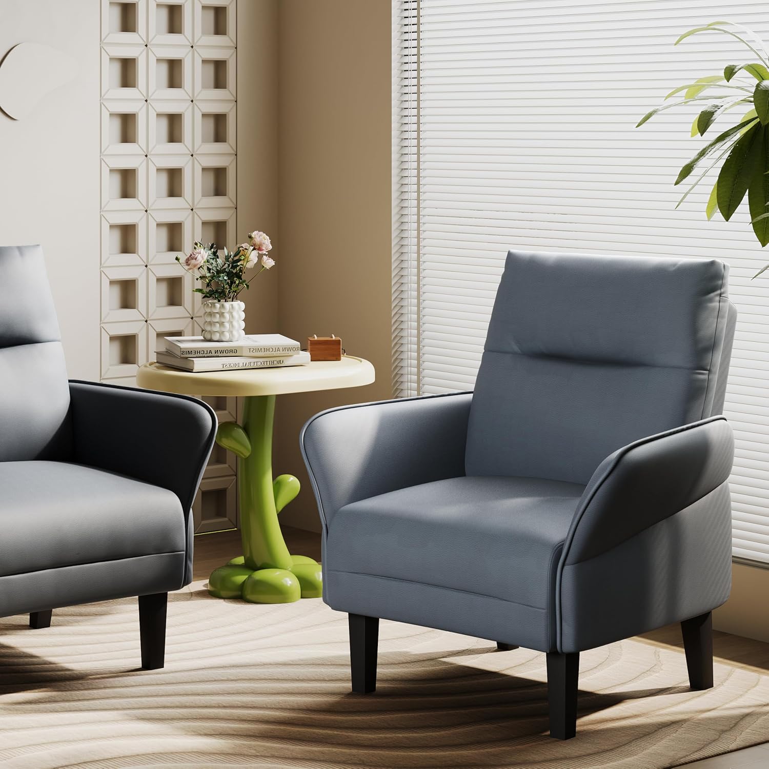 Aklaus Morden Accent Chair with PU Leather Armrest,Upholstered Chairs Lounge Faux Leather Reading Chairs Side Sitting Farmhouse Mid Century Chair for Living Room, Bedroom, Balcony Grey