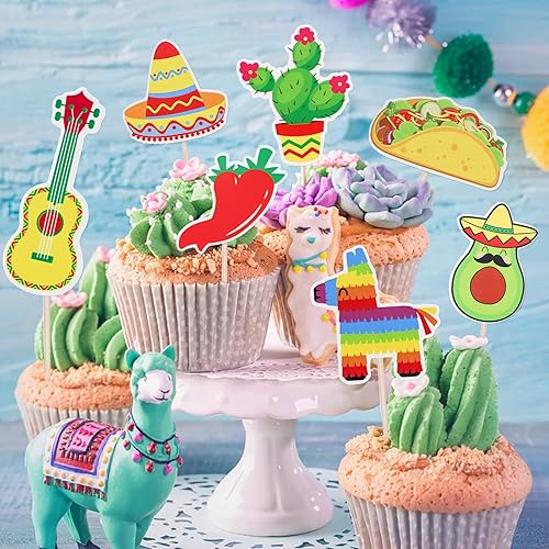 Miniatura 3 de Decoración para cupcakes, 35 unidades, temática mexicana, decoración para cactus mexicano, burro, taco, pimienta, sombrero, guitarra, pastel,