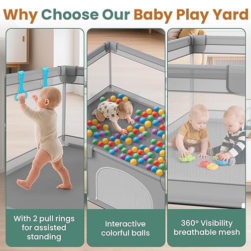 Miniatura 4 de Corralito de 79 x 71 pulgadas para bebés y niños pequeños, valla segura para bebés con 50 bolas oceánicas y 2 asas para interiores - Corralito