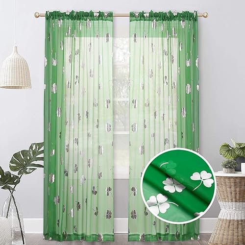 Miniatura 10 de Cortinas traslúcidas de gasa con estampado de lámina dorada, cortinas de ventana con bolsillo para barra, 84 pulgadas de largo, paneles de