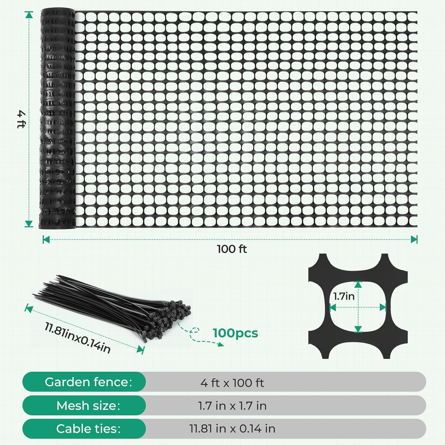Ohuhu Plastic Garden Fence Safety Fence, 4'x100'/10.7LB Reusable Netting Plastic Mesh Fence Roll, Temporary Fencing for Animal Barrier Construction Snow Fence Poultry Rabbits Chicken Dogs Deer