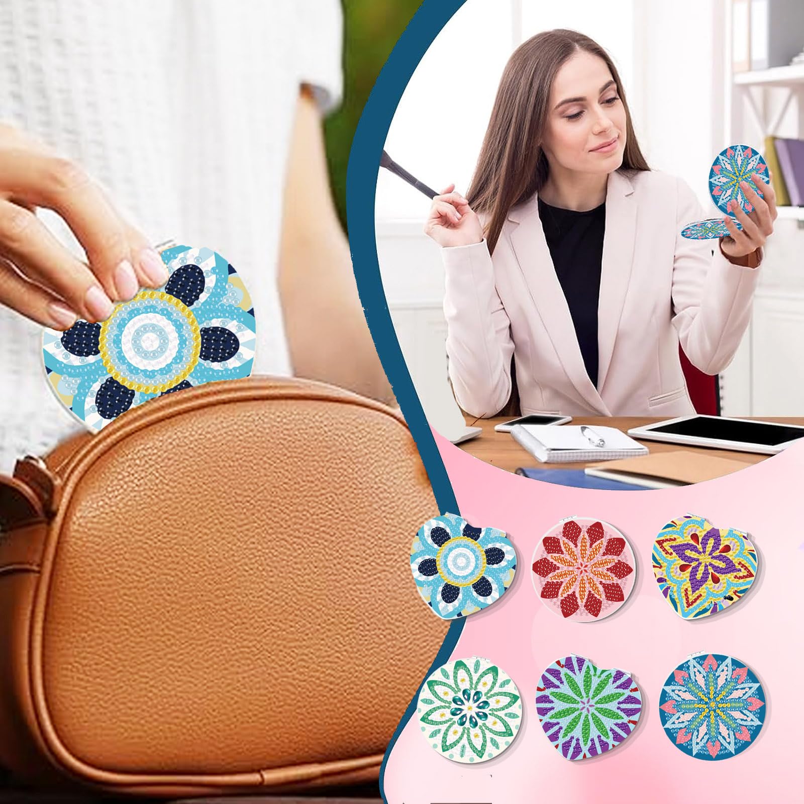 INFUNLY 6 Stück Diamant-Malerei-Taschenspiegel DIY-Diamant-Malen-Nach-Zahlen-Set Mandala-Blumen-Taschenspiegel Diamant-Malerei-Abdeckung Tragbarer Make-Up-Spiegel Vergrößerungs-Klappspiegel Für Damen