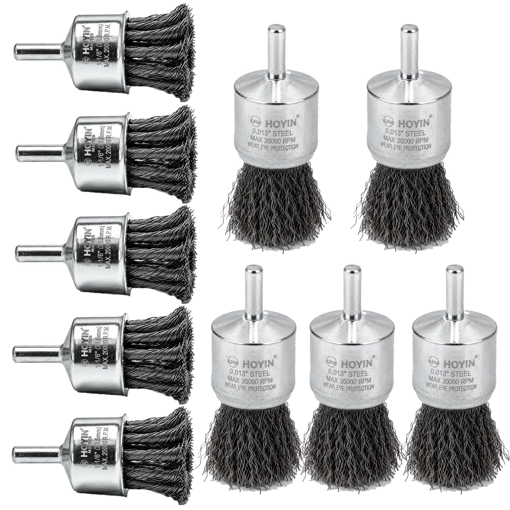HOYIN Drahtendbürsten-Set, 10 Stück, 3,8 cm, 5 gecrimpt und 5 geknotet, 20.000 U/min
