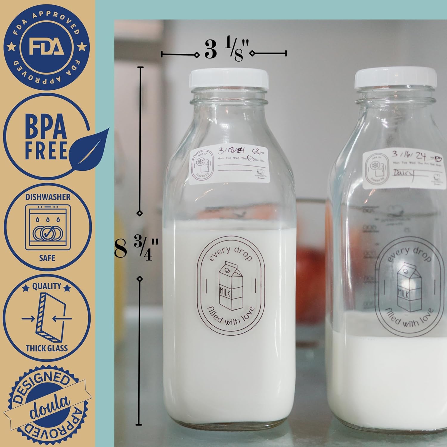Breast Milk Pitcher with Lid- Set of 2 & Labels-32oz Airtight Leakproof Breastmilk Storage Containers for Fridge- Easy Clean Durable Glass Bottle- Dishwasher Safe Formula Pitcher- Dissolvable Labels - Image 2