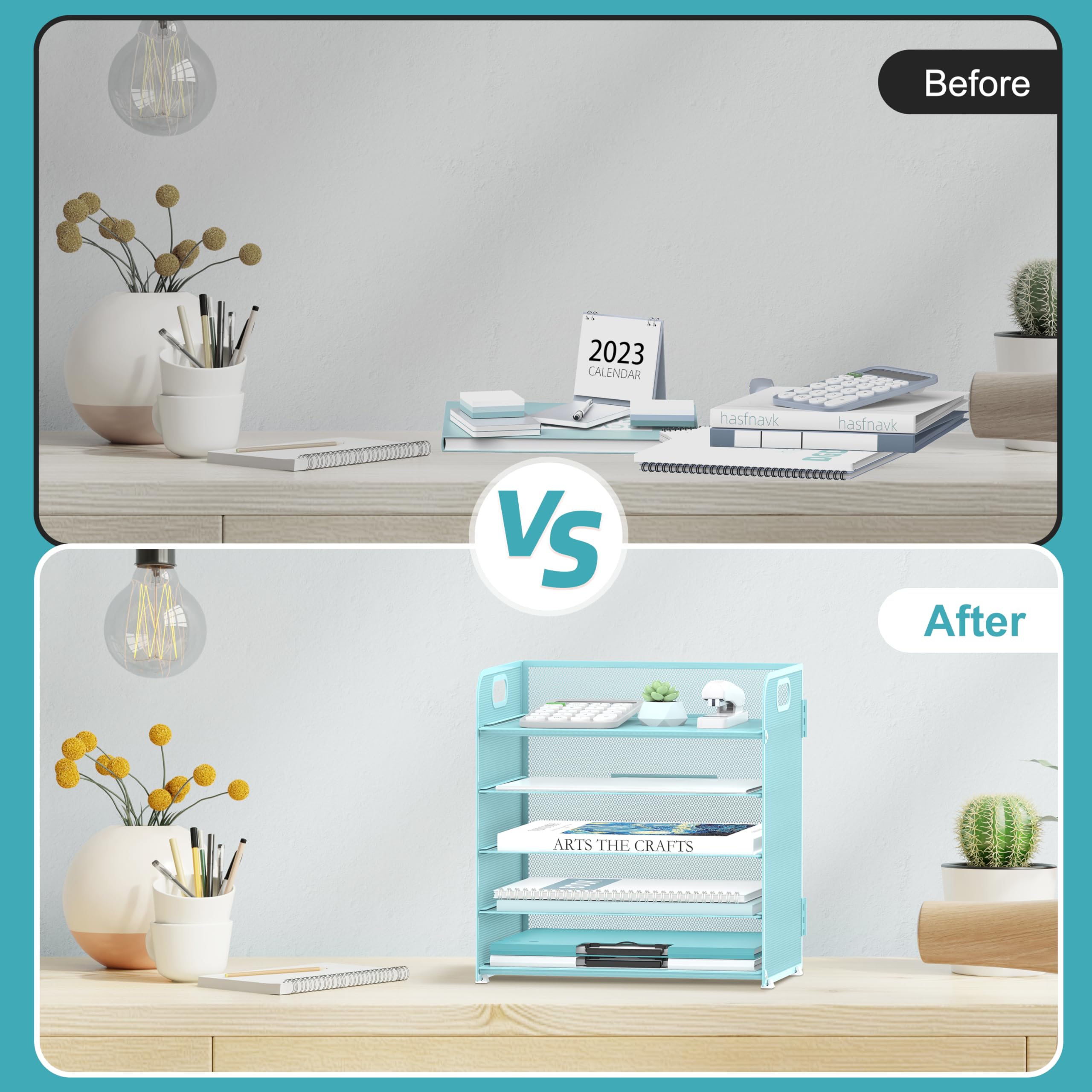 5 Ablagen Papier Organizer Briefablage mit Griff-Mesh Desk File Organizer, A4 Papiersortierer Schreibtisch Organizer für Büro, Zuhause oder Schule, Blau