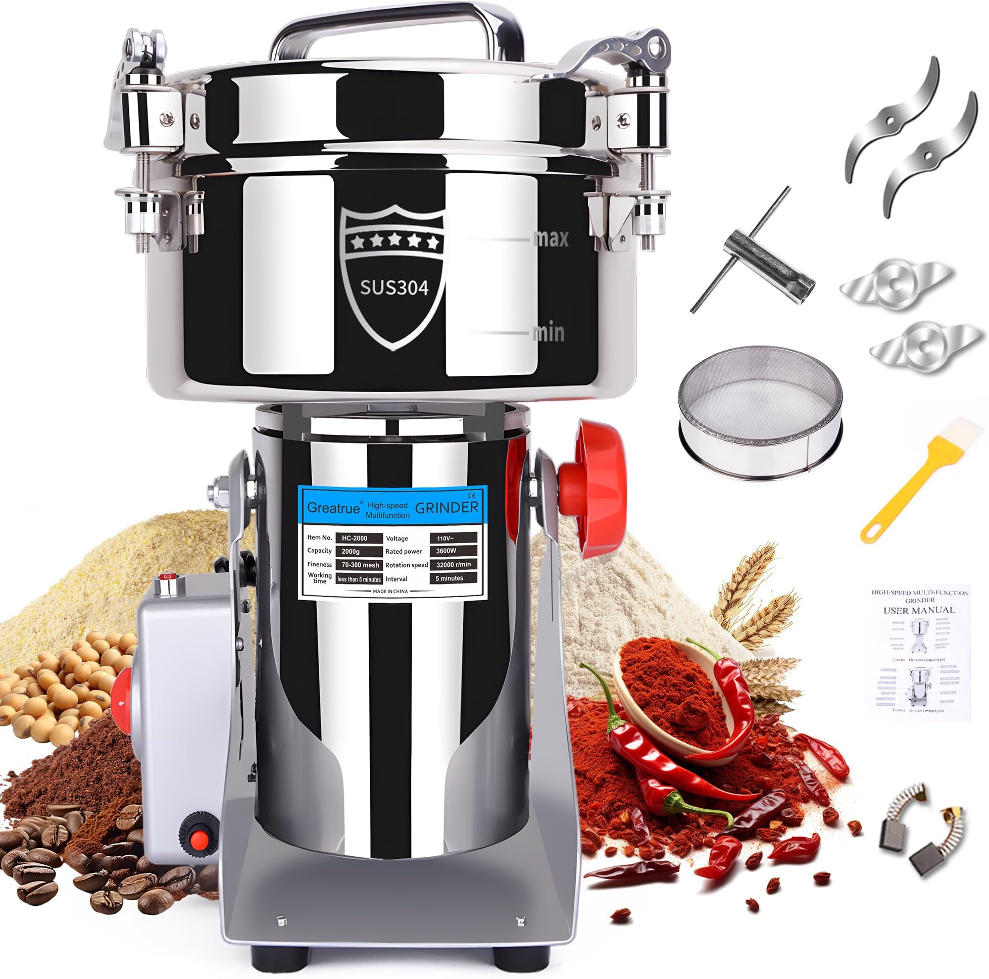 2000g Electric Grain Mill Grinder, 304 Stainless Steel Flour Mill, 3600W High Speed Spice Grinder, Electric Grain Mill for Dry Wheat, Oats, Corn, Pepper and Coffee Beans