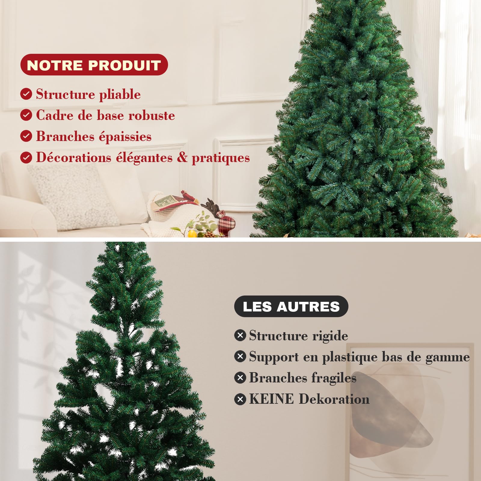 COMHOMA Sapin de Noël Artificiel Haut de Gamme 195cm avec Support - Système de Montage Rapide, Aspect Naturel et Épais - Inclut Cartes DIY et Rubans,Vert
