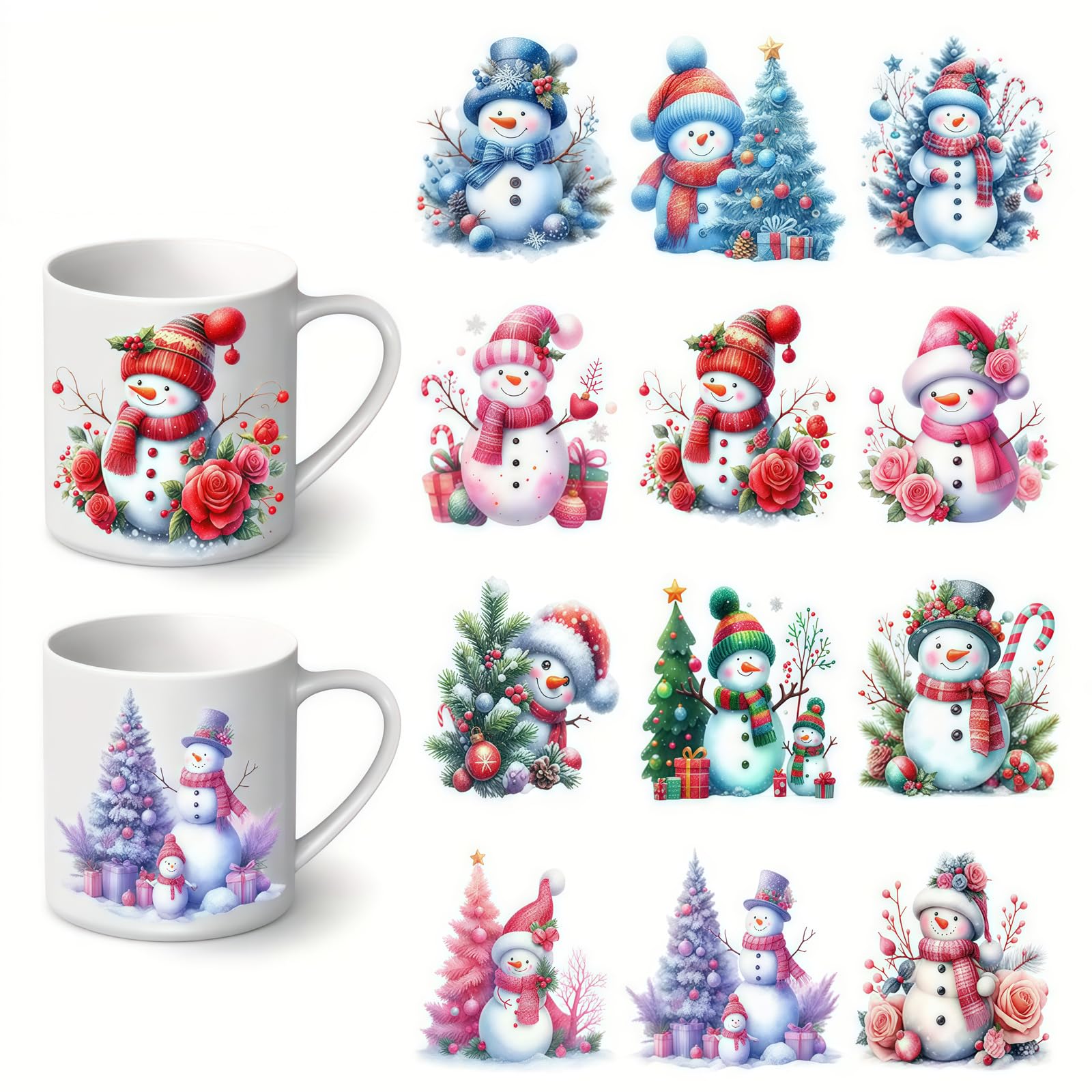 Yqtwlkjic Multicolor 12Pcs Colorful Snowman And Flowers Uv Dtf Cup Wraps Winter Uv Dtf Transfer Sticker For Glass Cups Furniture Craft Diy Crafts，Rub On Transfer Stickers For Diy Water Bottle Laptop Decal Wood Car