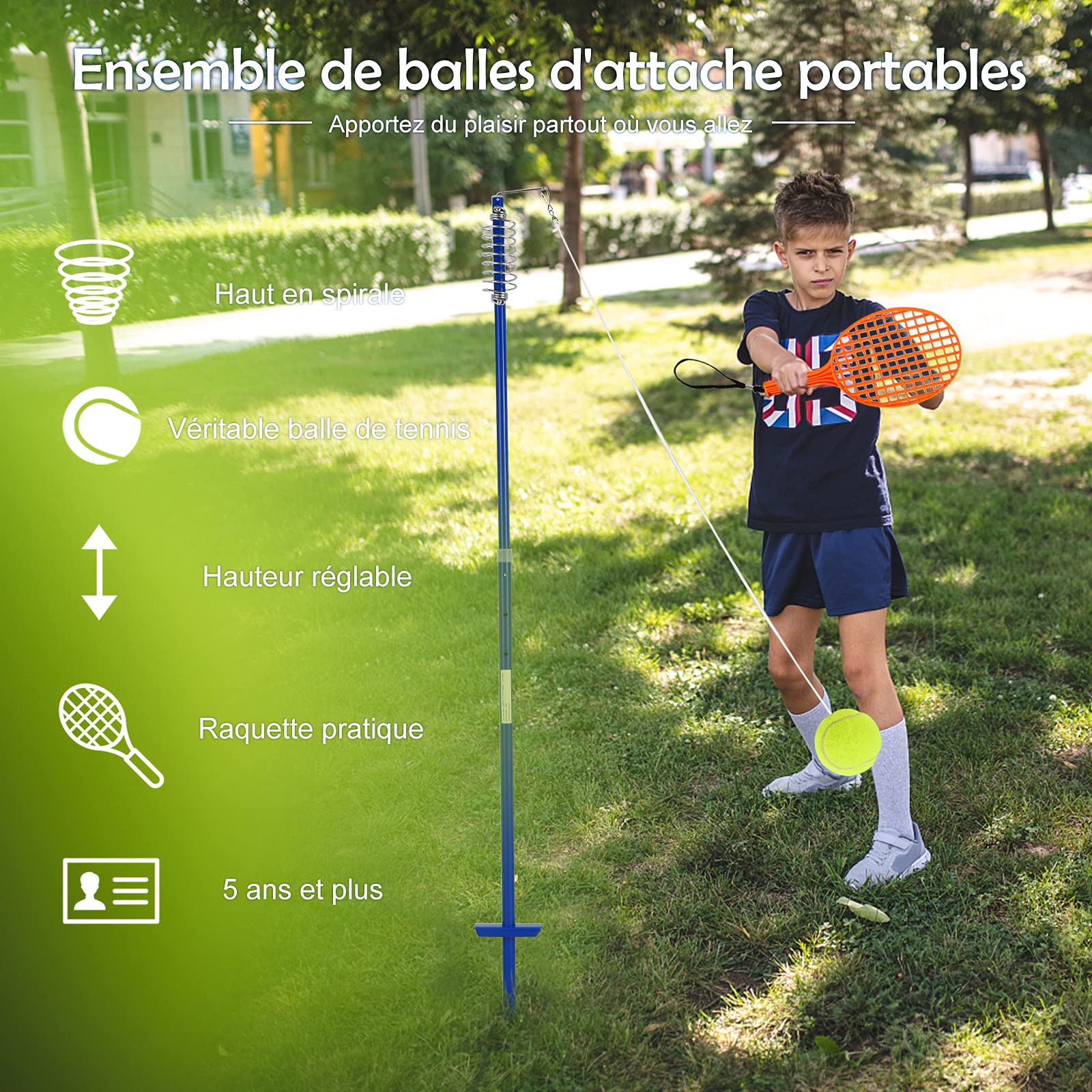 COSTWAY Twistball Pack de Speed-Ball Mobile Mains Libres Hauteur Réglable sur 3 Niveaux 124-139 cm avec Balle 2 Raquettes Jeu Familial pour Enfants Plage Cour et Pelouse