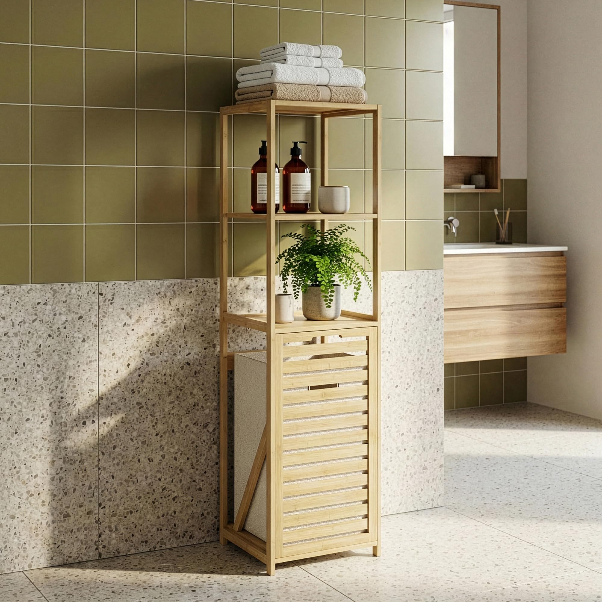 [en.casa] Mueble de Baño Anun Estantería con Cesto para Ropa Sucio Mueble Auxiliar Armario Midi para Cuarto de Baño Dormitorio Bambú 130 x 36 x 33 cm - Natural/Beige