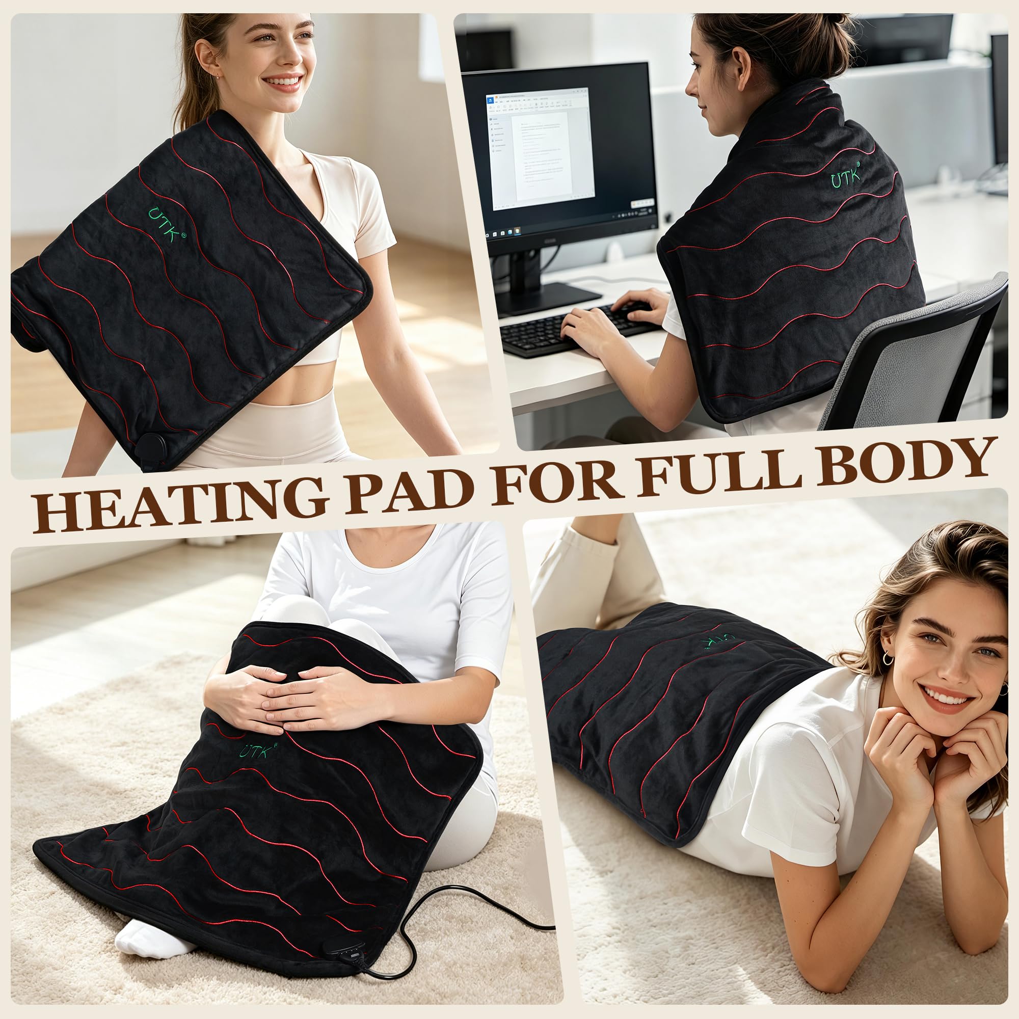 UTK Almohadilla térmica grande por infrarrojos lejanos para aliviar el dolor de espalda, almohadillas térmicas eléctricas XL con turmalina para cuello y hombros, calambres menstruales, regalos para